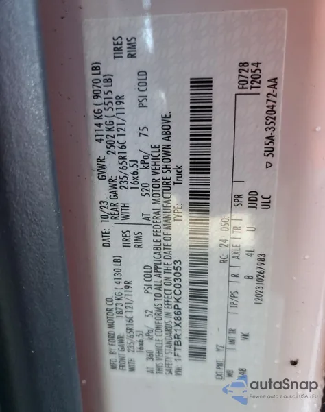 2023 Ford Transit T-250 z USA, uszkodzony, nr VIN 1FTBR1X86PKC03053